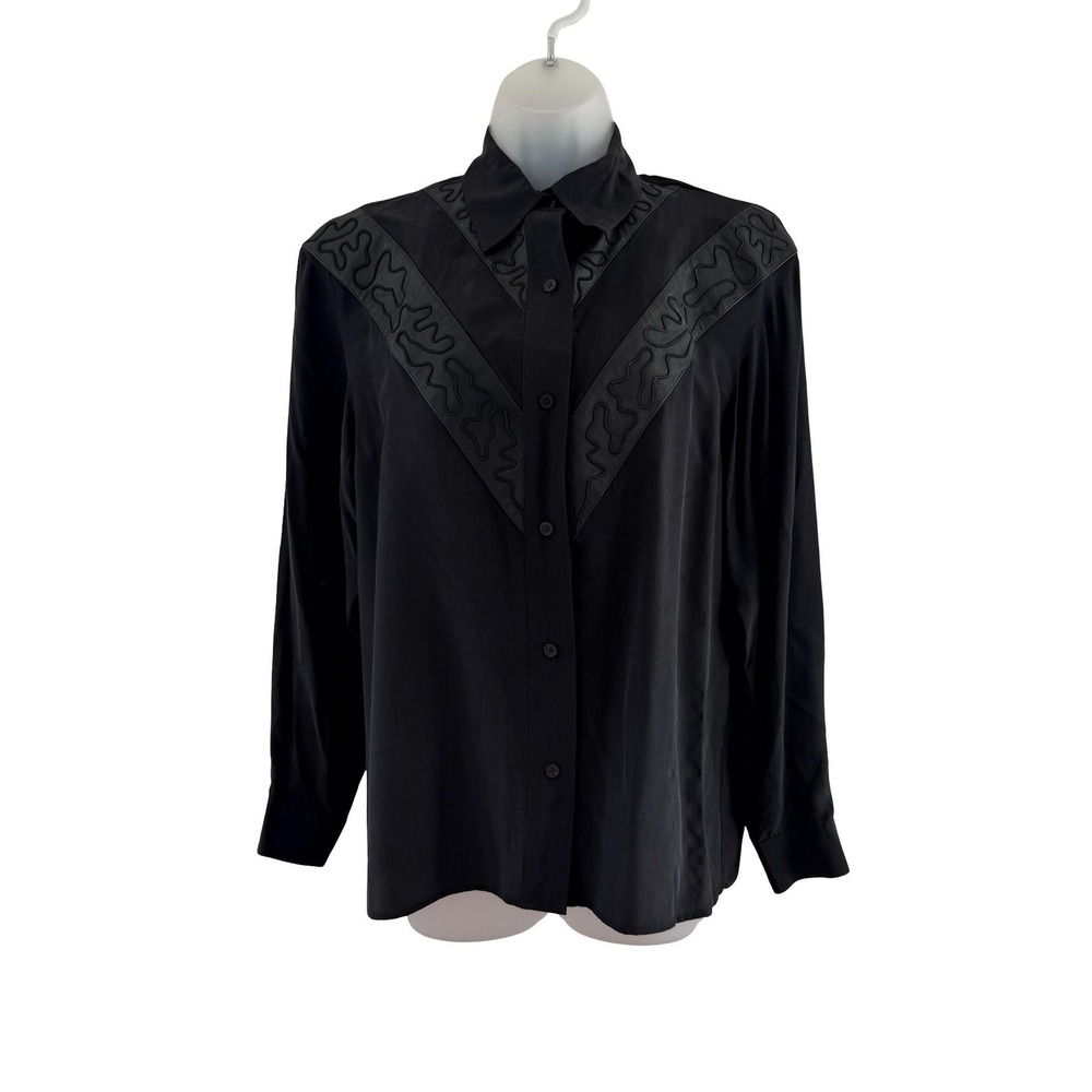 I.B. Diffusion Blouse Womens‎ 8 Black Silk Button Front Genuine Leather Trim